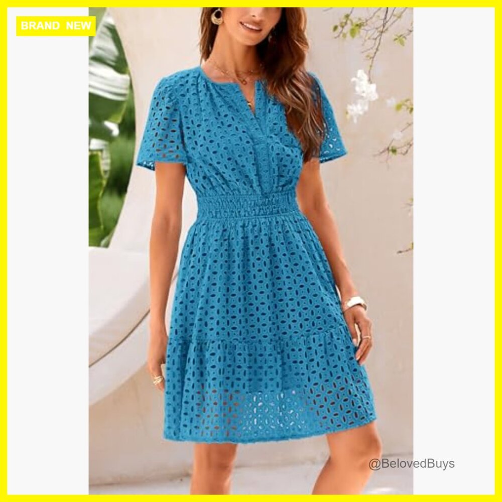 V-Neck A-Line Mini Dress with Lace Detail, Short Sleeve, Casual Summer - Picture 6 of 7